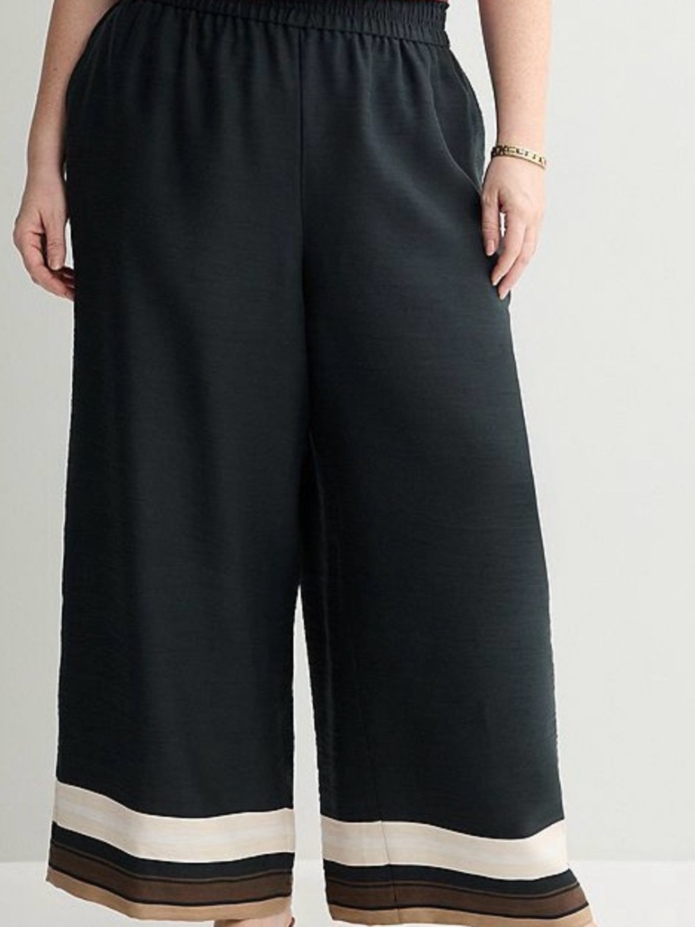 🖤 Nine West Wide-Leg High-Rise Trousers 2X Black Striped Hem NWT